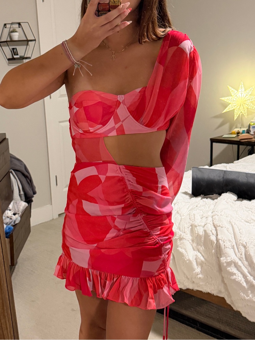 Hello Molly Red Pink One-Shoulder Cutout Ruffle Mini Dress size M